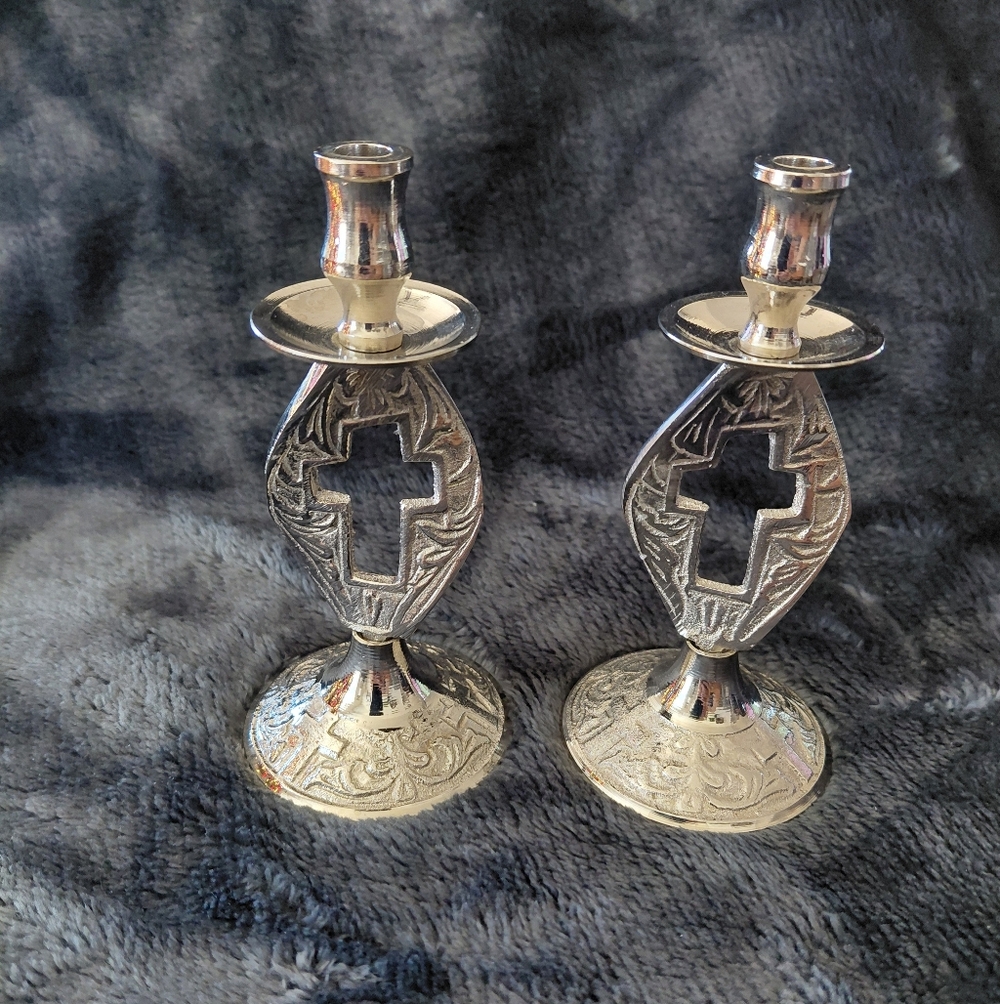 Cross Design  Nickel-Plated Brass Candlestick Holders. Beautiful Set Of 2.